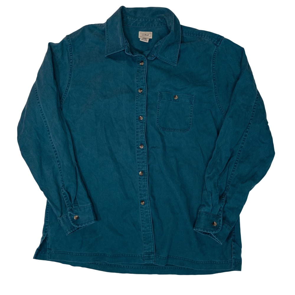 LL Bean Button Down Shirt Womens L Regular Teal Blue Good Tencel Cotton Twill